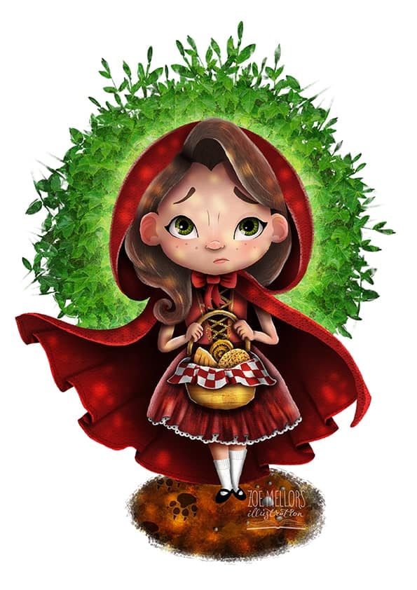 Little Red Riding Hood looks scared in the woods as she stands with a wolf's paw print next to her